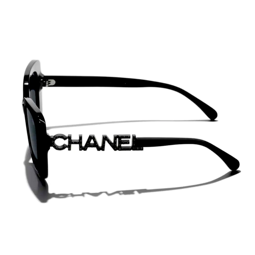 CHANEL Black Logo Sunglasses, Black Acetate w/ Strass